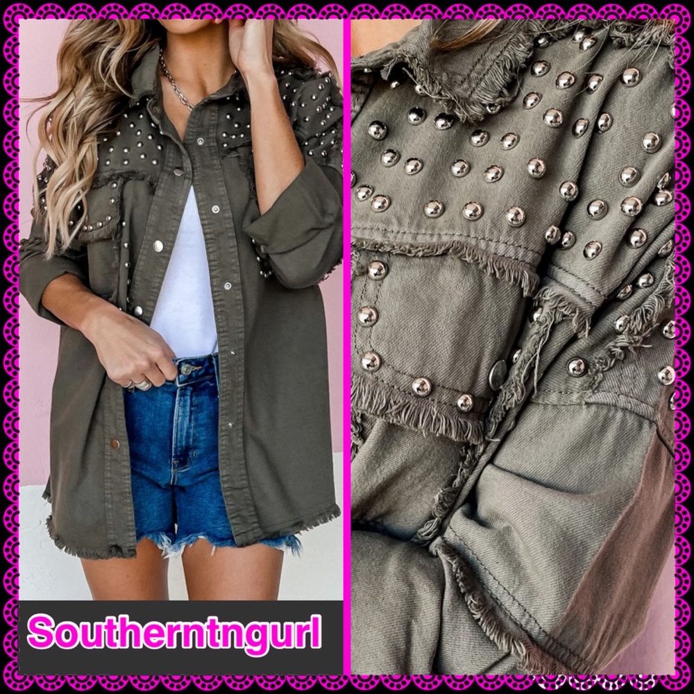 NWT FANTASTIC FAWN Studded Frayed Hem Shirt / Military Jacket